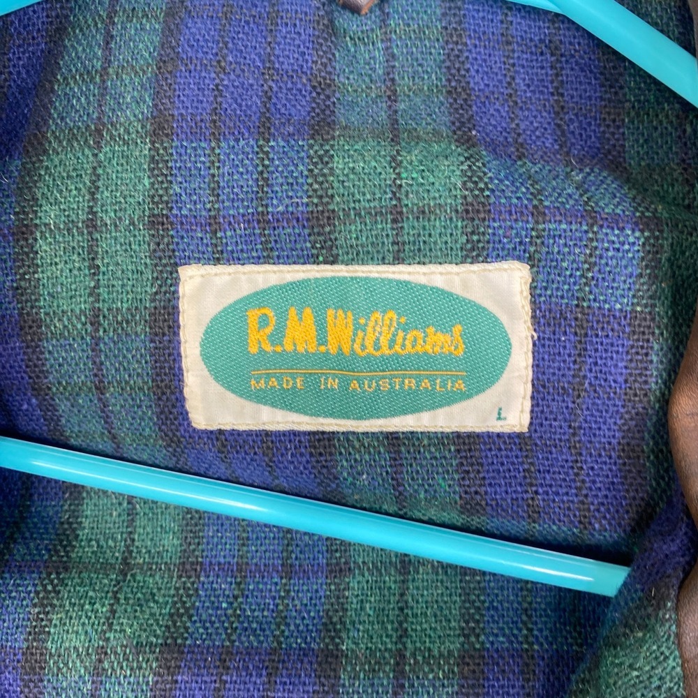 Rm Williams Mens Oilskin Jacket Waxed Cotton Leather Collar Green Plaid Lined L View 4